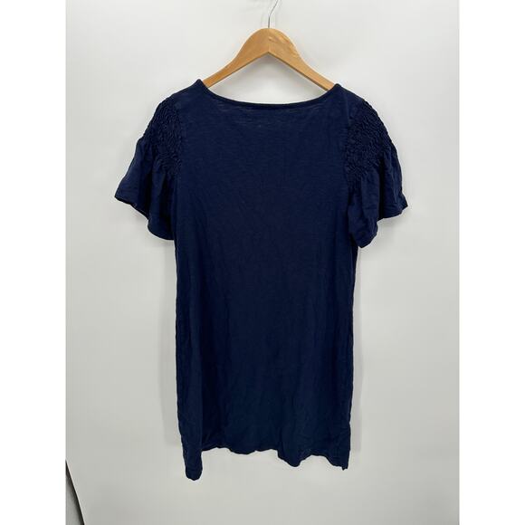 Talbots Navy Blue Shirt Dress Women Sz L Casual Everyday Smocked Ruffle SLeeve - Picture 2 of 6